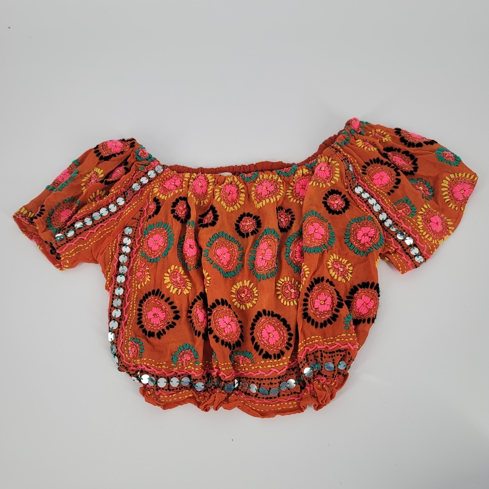 Miss June Orange Embroidered Short Sleeve Crop Top No Size Fits Like Small